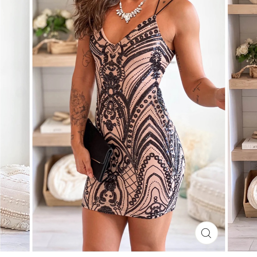 Elegant Black and Nude Patterned Dress